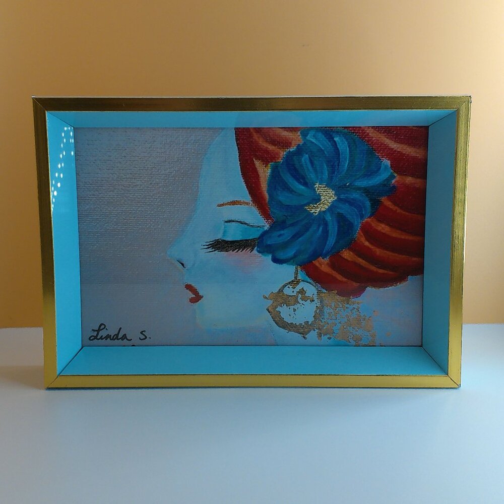 Girl with Red Turban 4x6 Art print within a new light blue/gold wood Frame